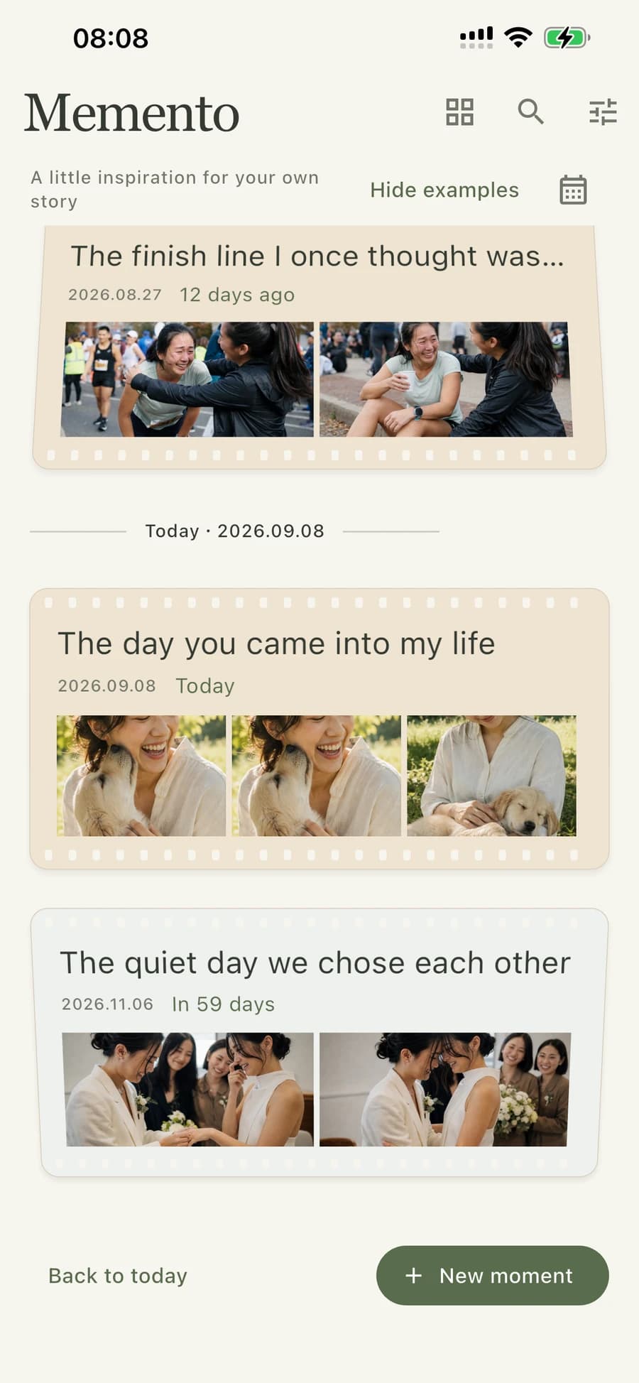 Memento timeline with photo filmstrips and dates