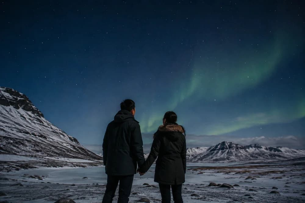 A couple looking at the northern lights